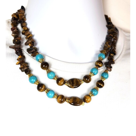 Gemstone Tiger Eye Beaded Necklace 19 in. Double Strand Earthy Boho Healing - Picture 3 of 9
